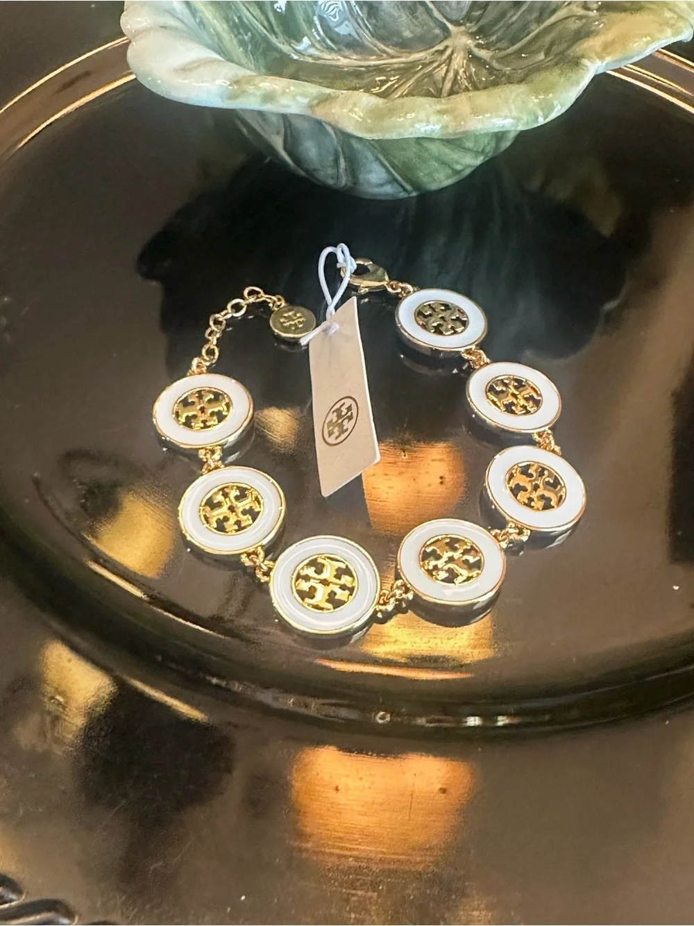 NWT Tory Burch Enamel Hollow Round Logo Link Bracelet Gold & White